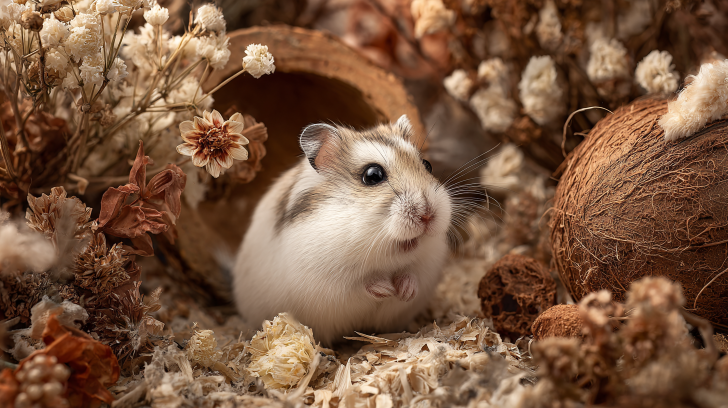 A cute White Russian dwarf hamster sitting on natural bedding in a cozy wooden enclosure, surrounded by dried flower sprays, coconut chew toys, and botanical forage — softly lit, photorealistic, warm natural tones, high detail, close-up perspective