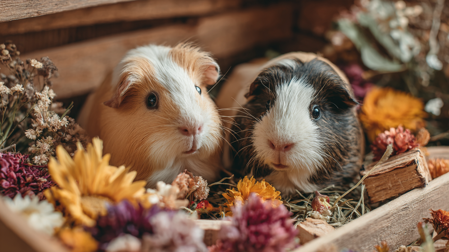 Two cute guinea pigs enjoying hay, forage, and chews inside a safe C&C guinea pig cage