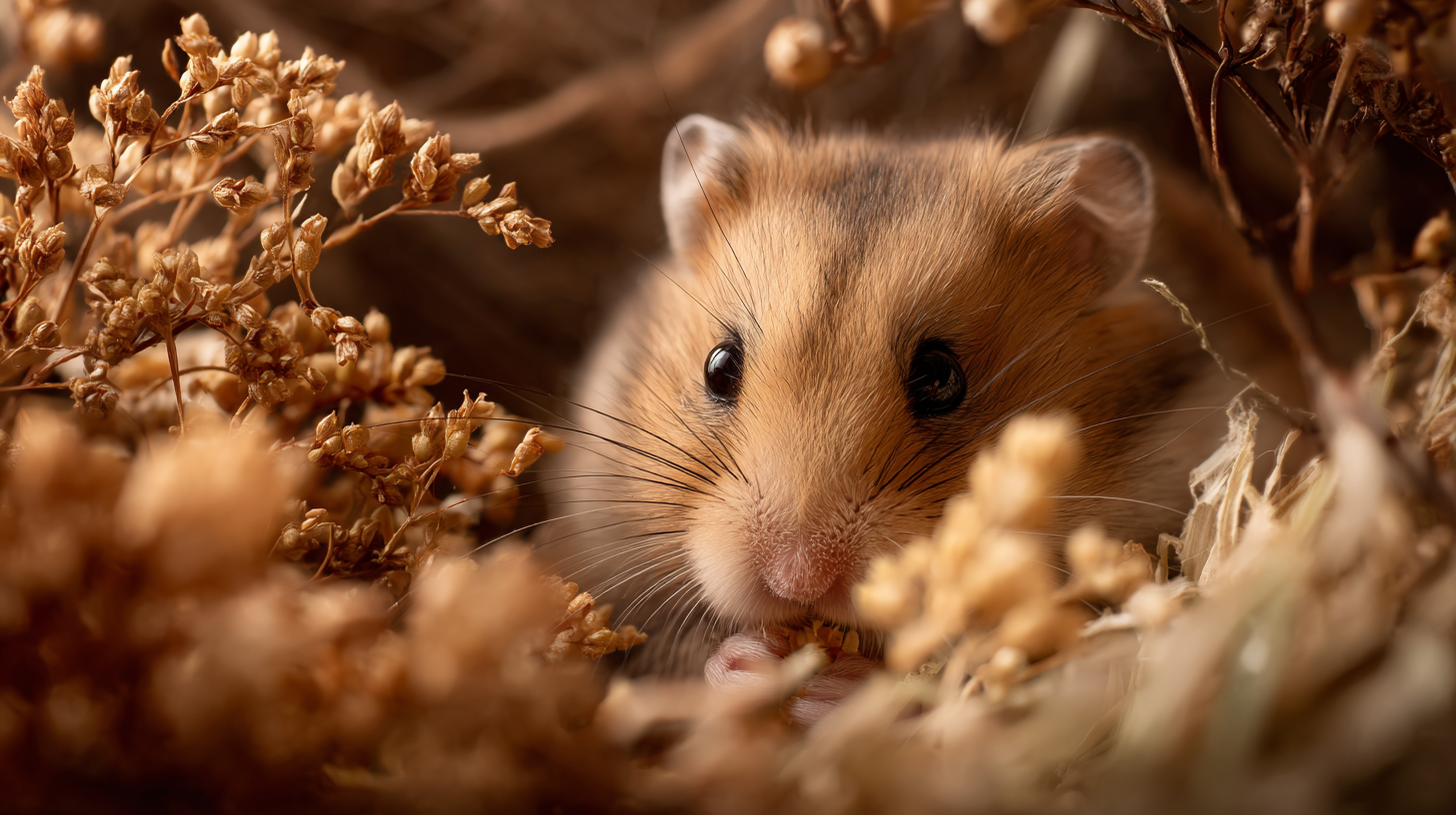 Syrian hamster exploring dried flax sprays and colorful forage mix in a cozy enclosure.