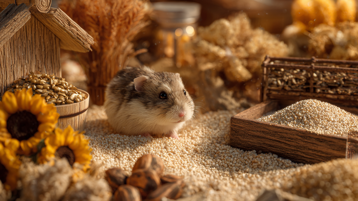 Syrian hamster in a spacious natural enclosure with deep bedding, wooden chew toys, and forage flowers.