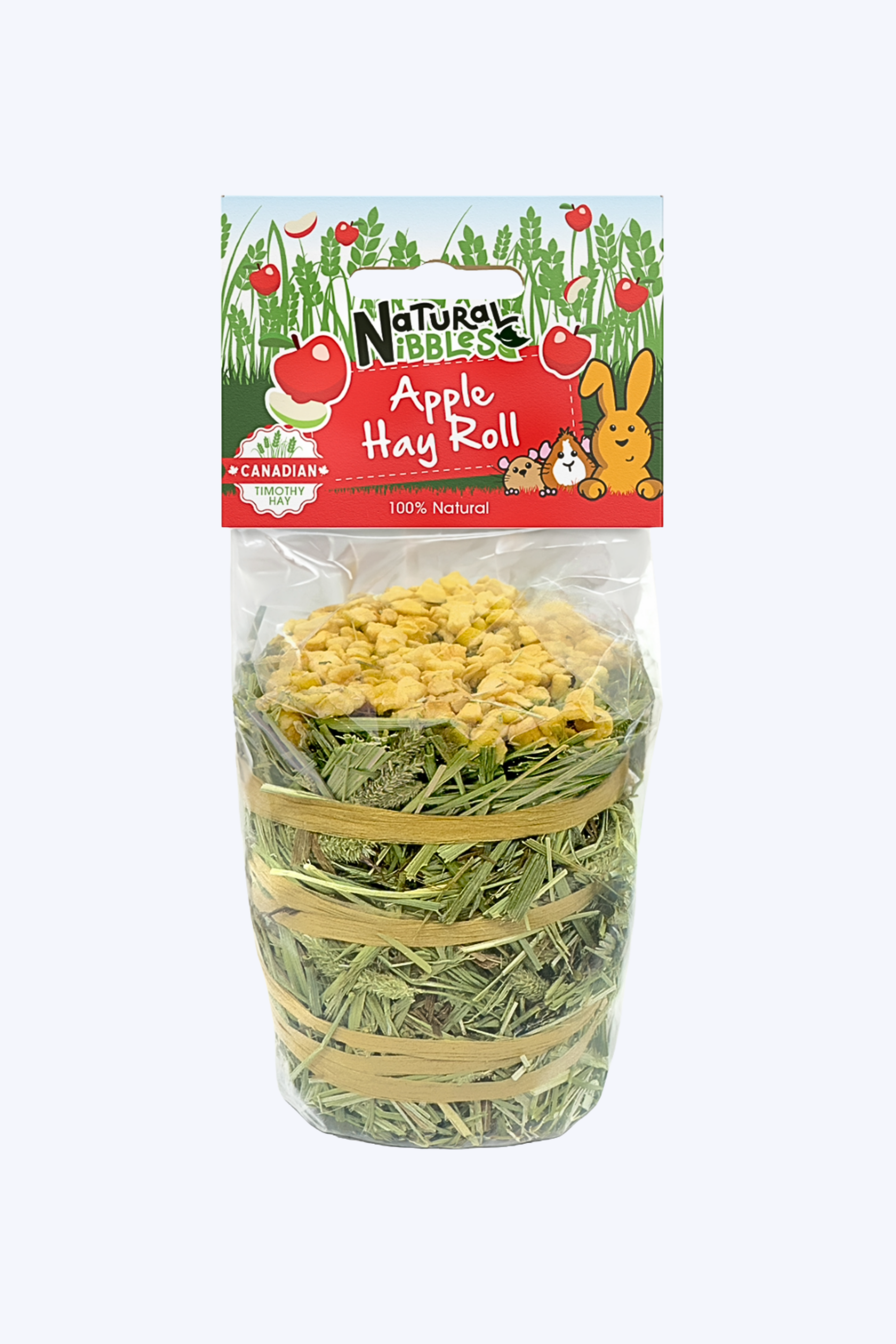 Package of Natural Nibbles Apple Hay Roll on a white background