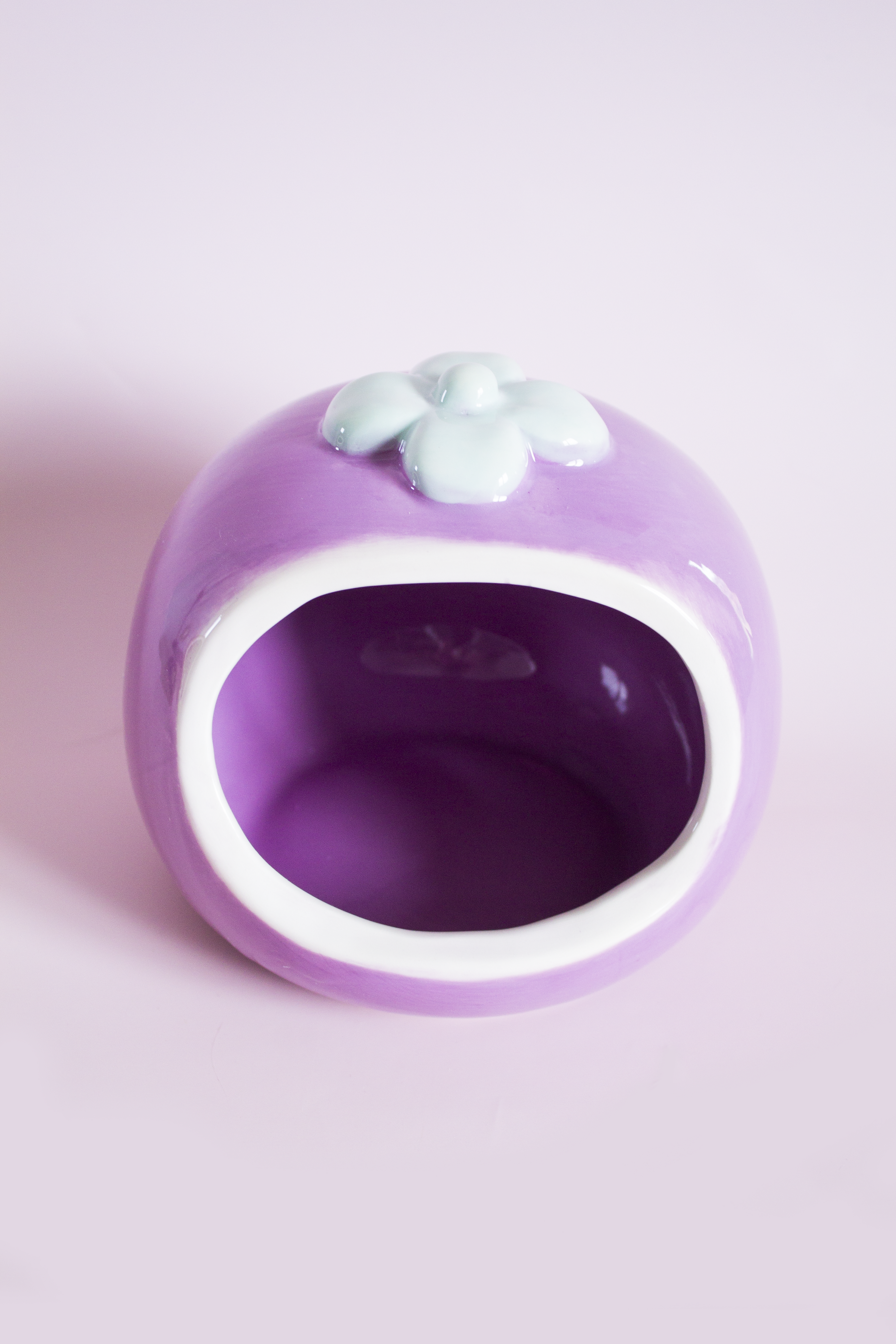 Purple pet hideout with a white flower on a light pink background