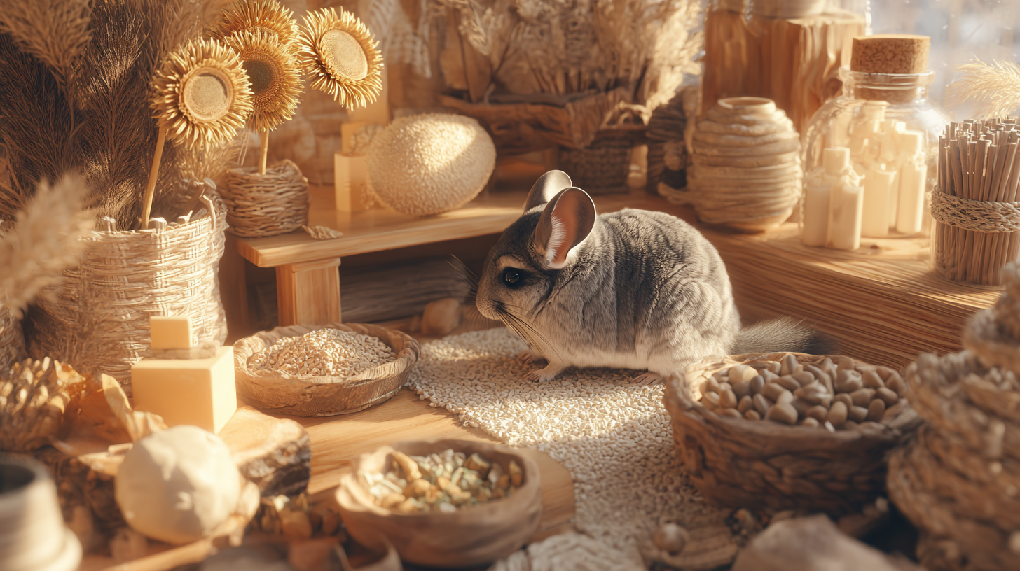 A cozy and natural chinchilla enclosure with deep bedding, wooden accessories, sunflower heads, and a chinchilla foraging in a peaceful environment.