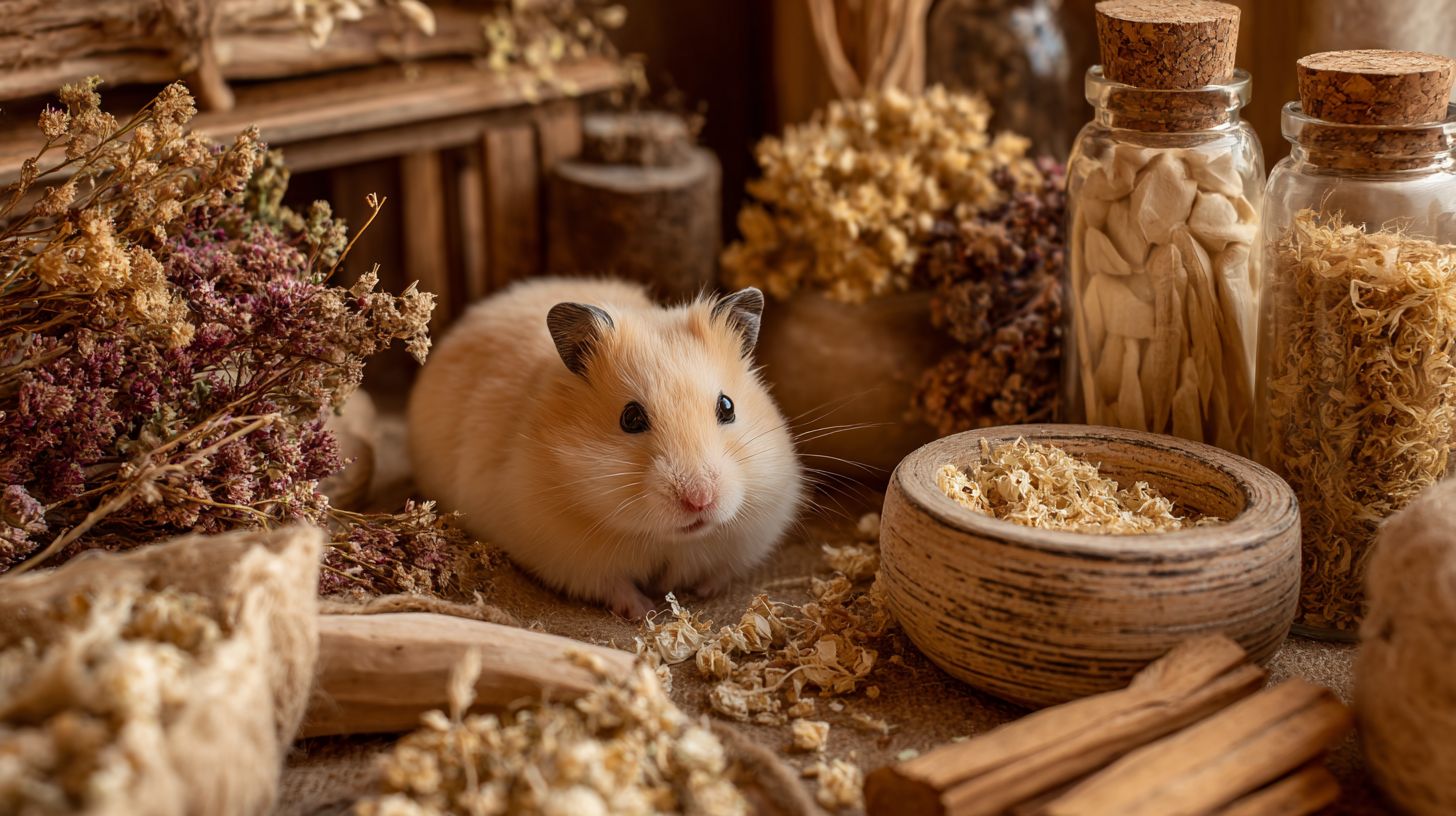 Adopted Syrian hamster in a natural enclosure with flower forage and wooden chews