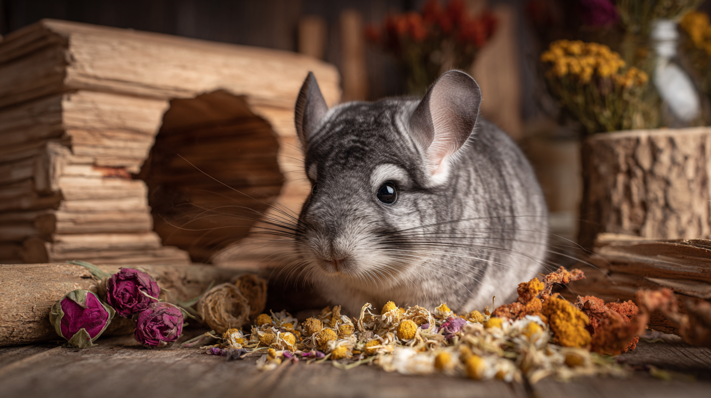 A chinchilla nibbling dried rose buds and flower mix in a cozy wooden habitat surrounded by chew sticks