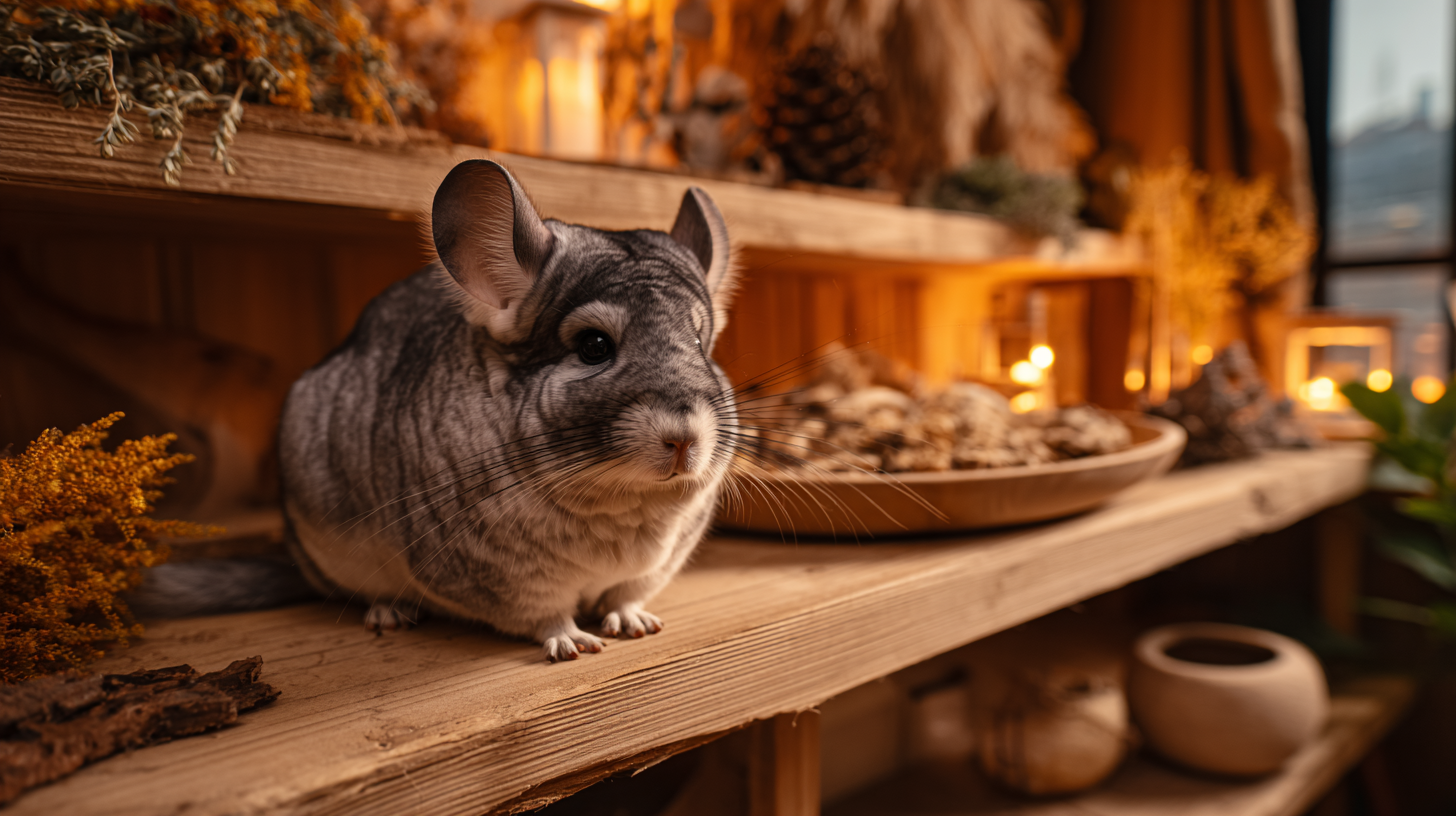 A grey chinchilla perched on a wooden platform inside a naturalistic multi-level cage setup with bedding, chew toys, and a dust bath bowl.