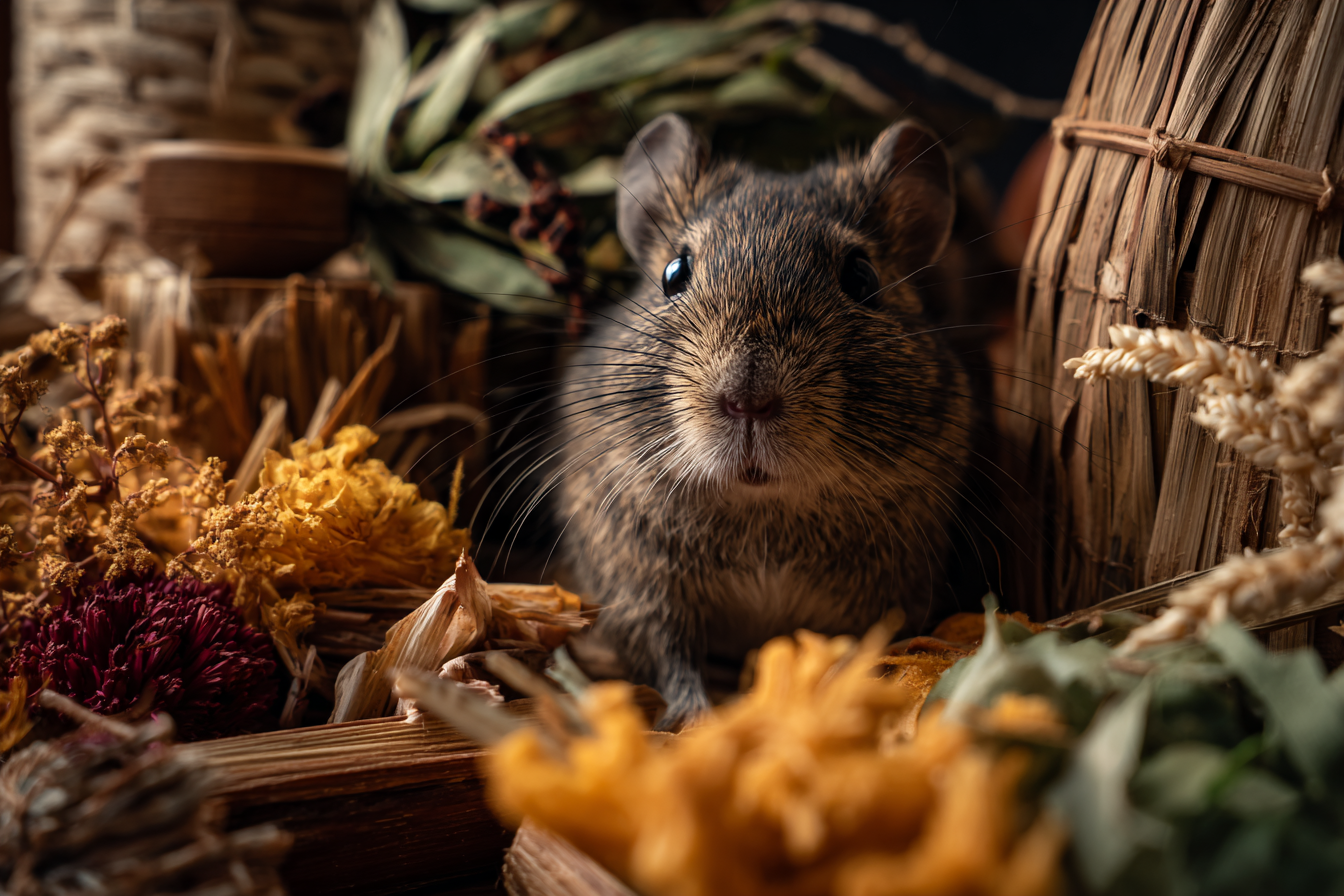 A degu exploring its habitat with wooden chews, a banana leaf basket hide, and colorful dried herbs and sprays for enrichment.