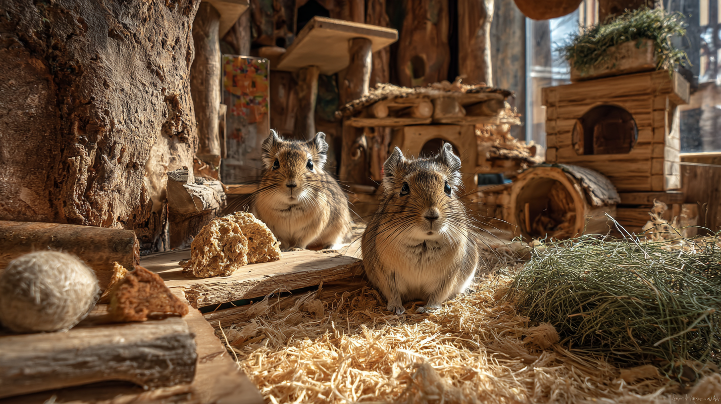 Two degus exploring a large natural enclosure with hay, wooden platforms, and chew toys
