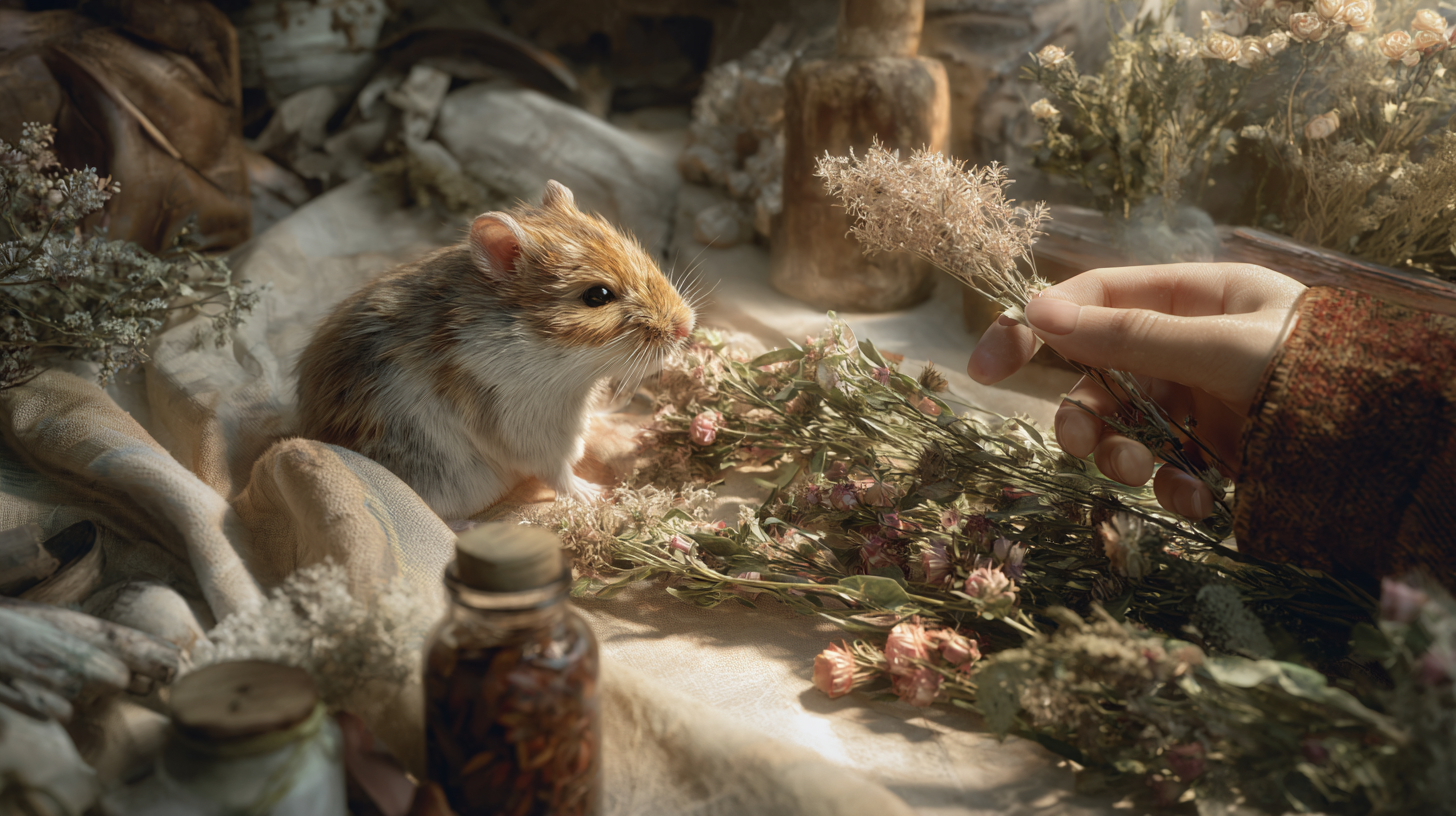 A gerbil reaching out to a human hand offering dried spray, in a cozy natural enclosure with forage and wood chews.