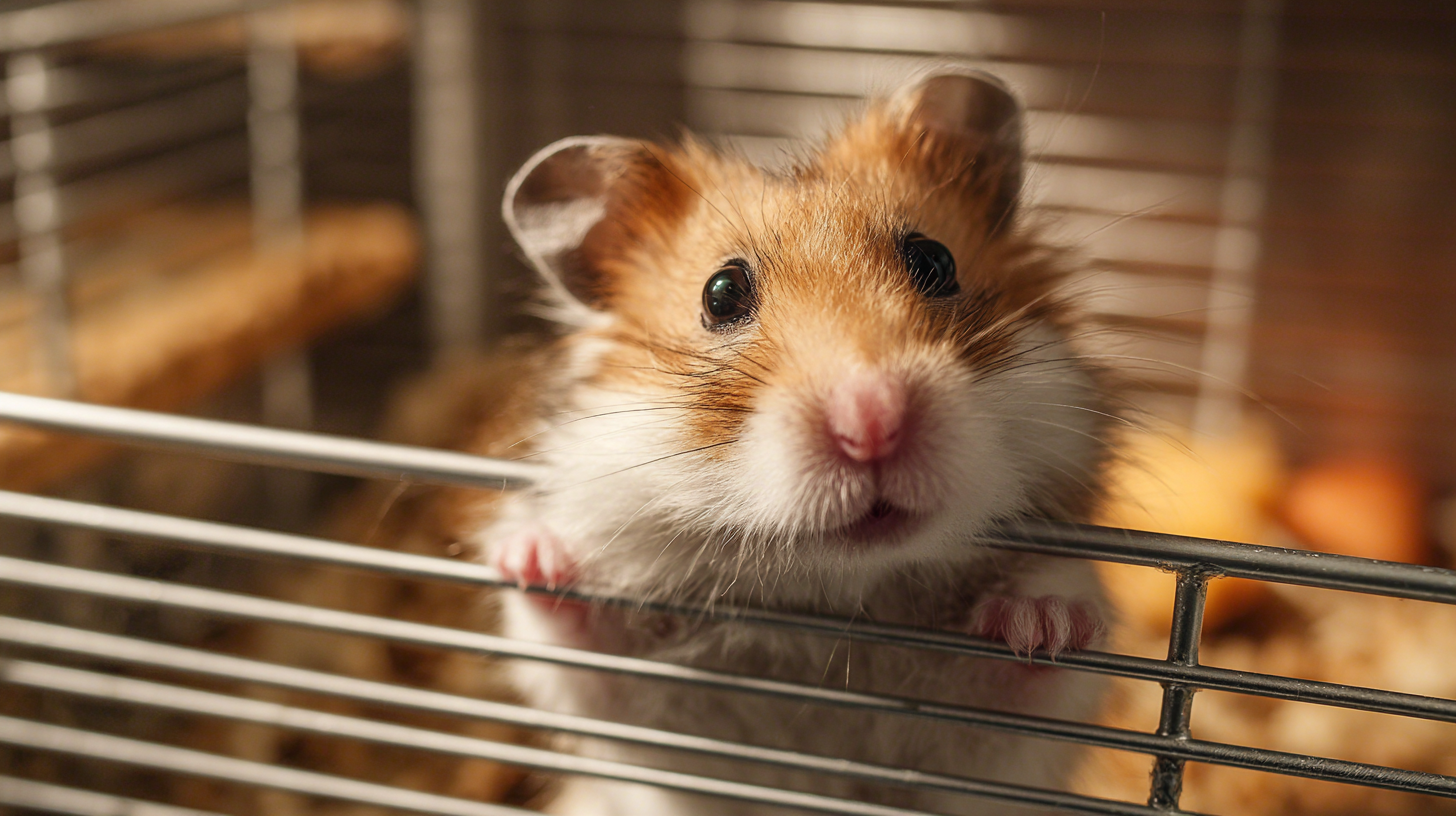 A Syrian hamster chewing on cage bars inside a simple enclosure, showing signs of stress and boredom.