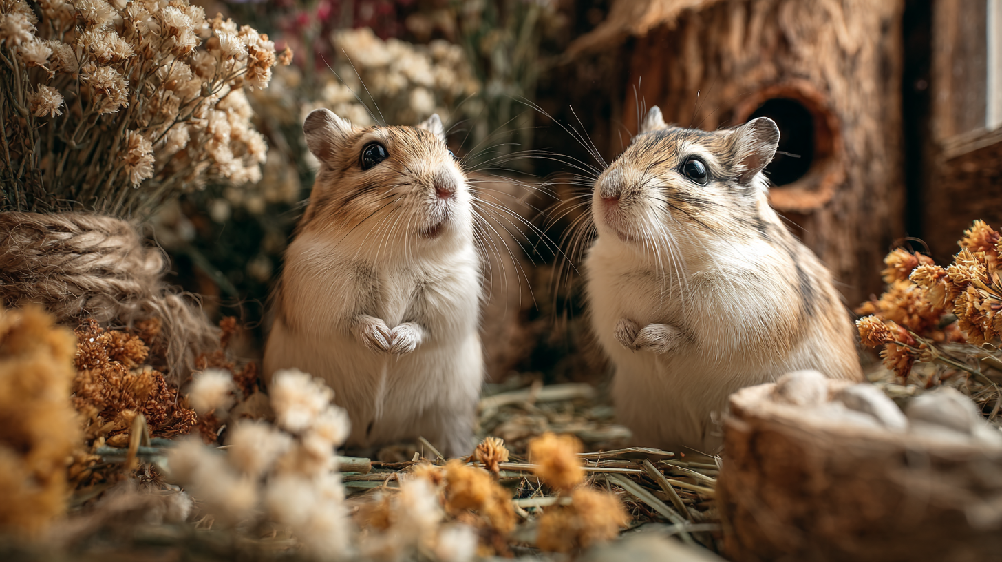 Two gerbils exploring a natural enclosure with hay, wooden tunnels, and dried botanicals.