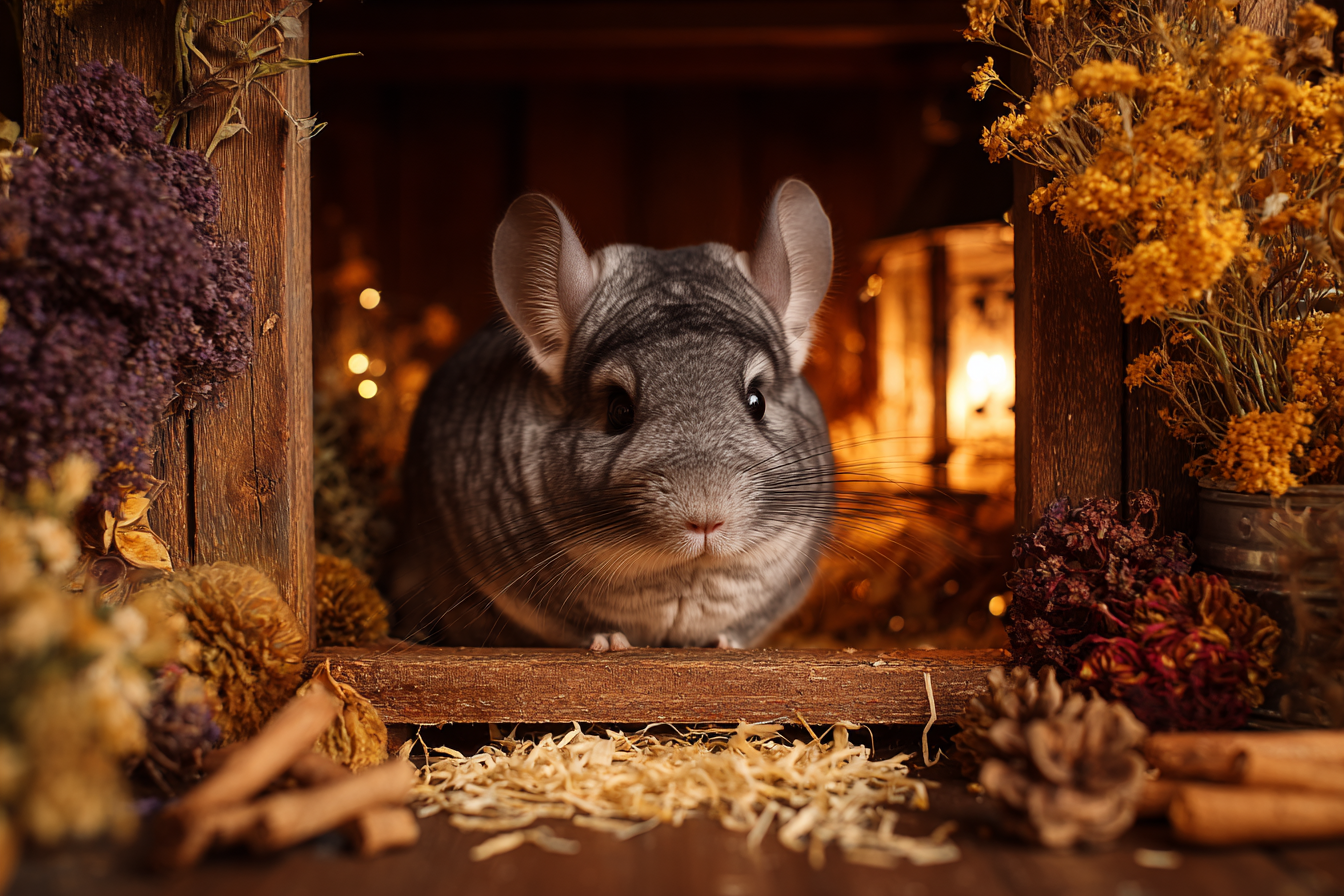 Chinchilla exploring natural wooden cage with chews, dried flowers, and forage sprays