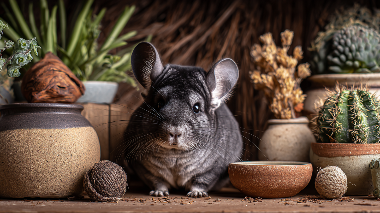   A chinchilla in a natural enclosure with botanical treats, wooden chews, and ceramic accessories, showing the difference between natural and commercial pet care.
