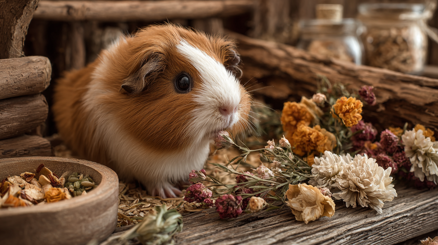 Guinea pig enjoying safe natural treats like pea flakes, forage mixes, and sprays