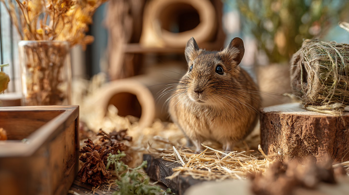 Octodon degu exploring a naturalistic enclosure with hay, wooden shelves, and foraging herbs.