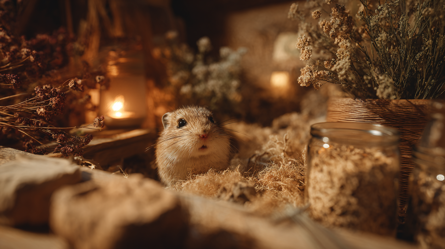 A tired-looking gerbil resting in a natural enclosure filled with soft bedding and dried flowers, highlighting signs of illness in small pets.