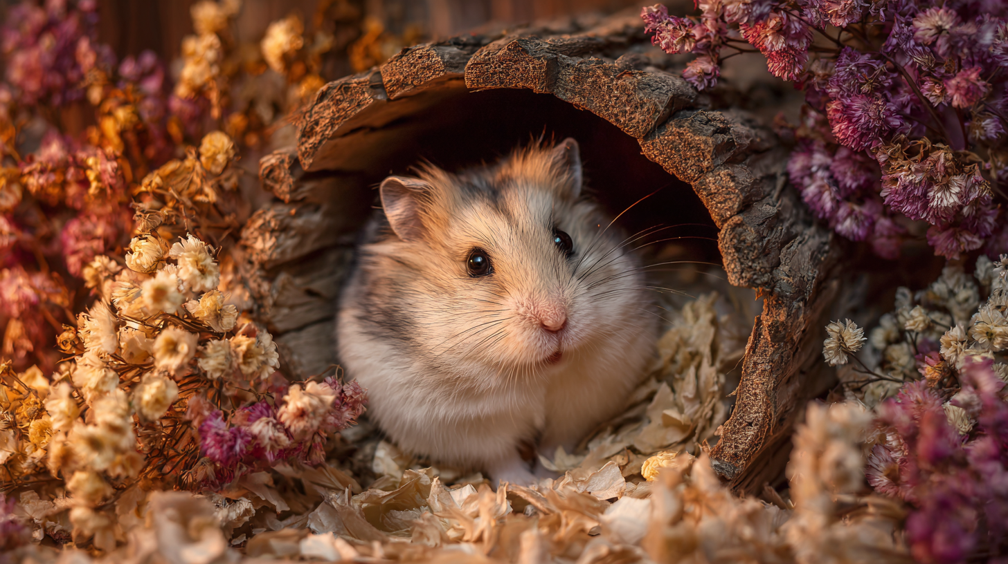 Cozy Syrian hamster in a wooden tunnel with dried flowers and warm bedding