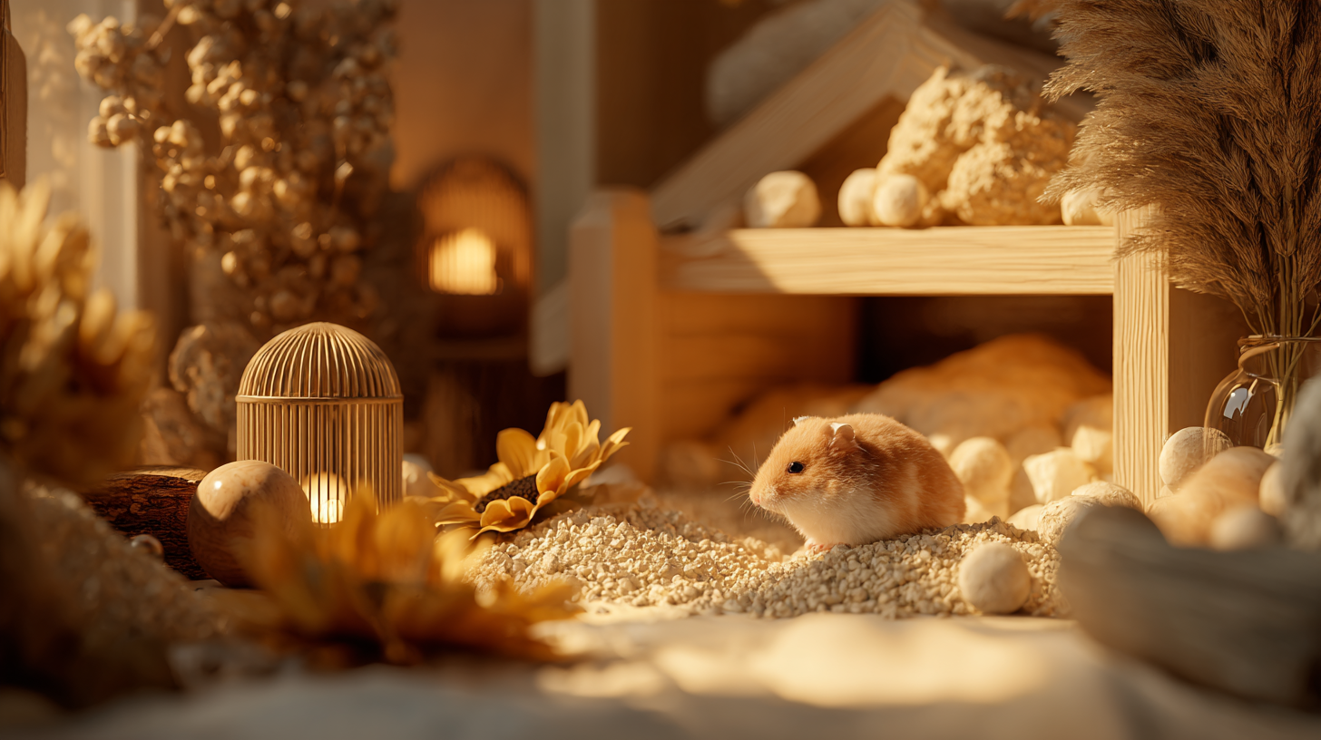 Syrian hamster sitting within his enclosure surrounded by dried sprays