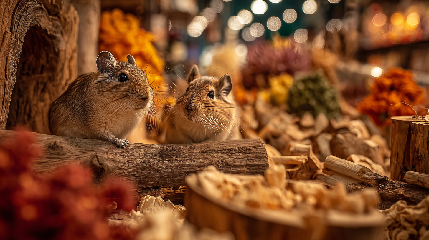 Two degus playing and grooming in a spacious cage with natural chews and forage