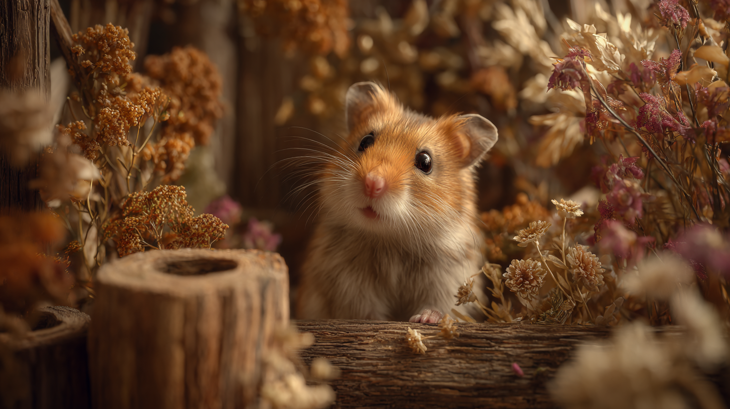  A Syrian hamster exploring a cage filled with dried forage, sprays, wooden chews, and natural tunnels.