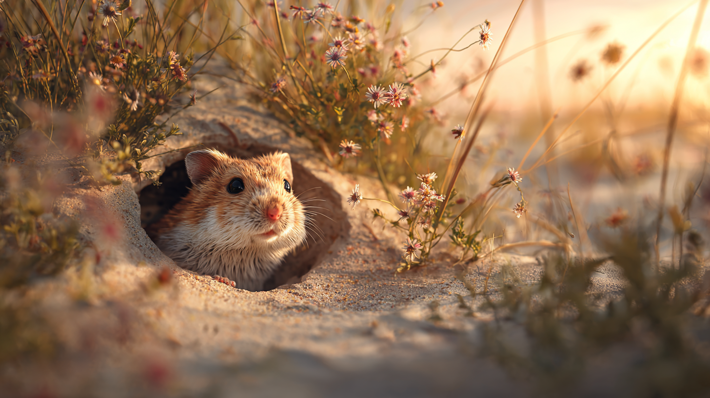 Wild Syrian hamster outside burrow at sunset
