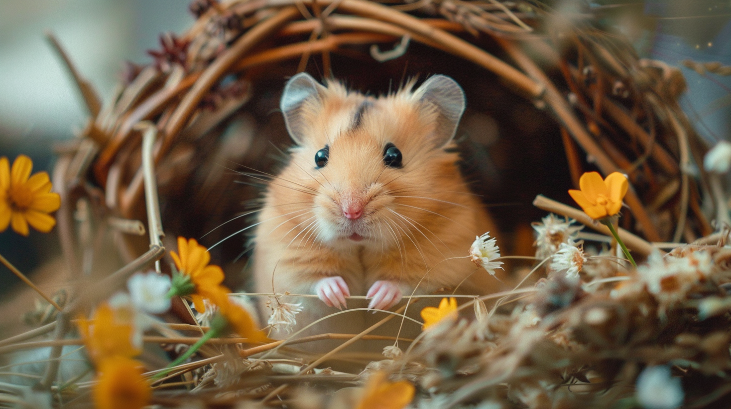 Hamster in a natural enclosure surrounded by dried sprays and flowers