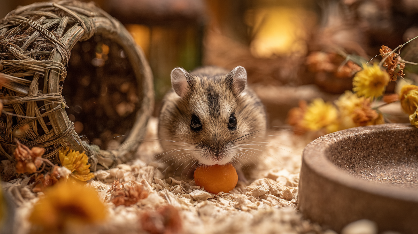 Chinese hamster in a natural enclosure with aspen bedding, banana leaf basket, ceramic sand bath, and dried flower forage
