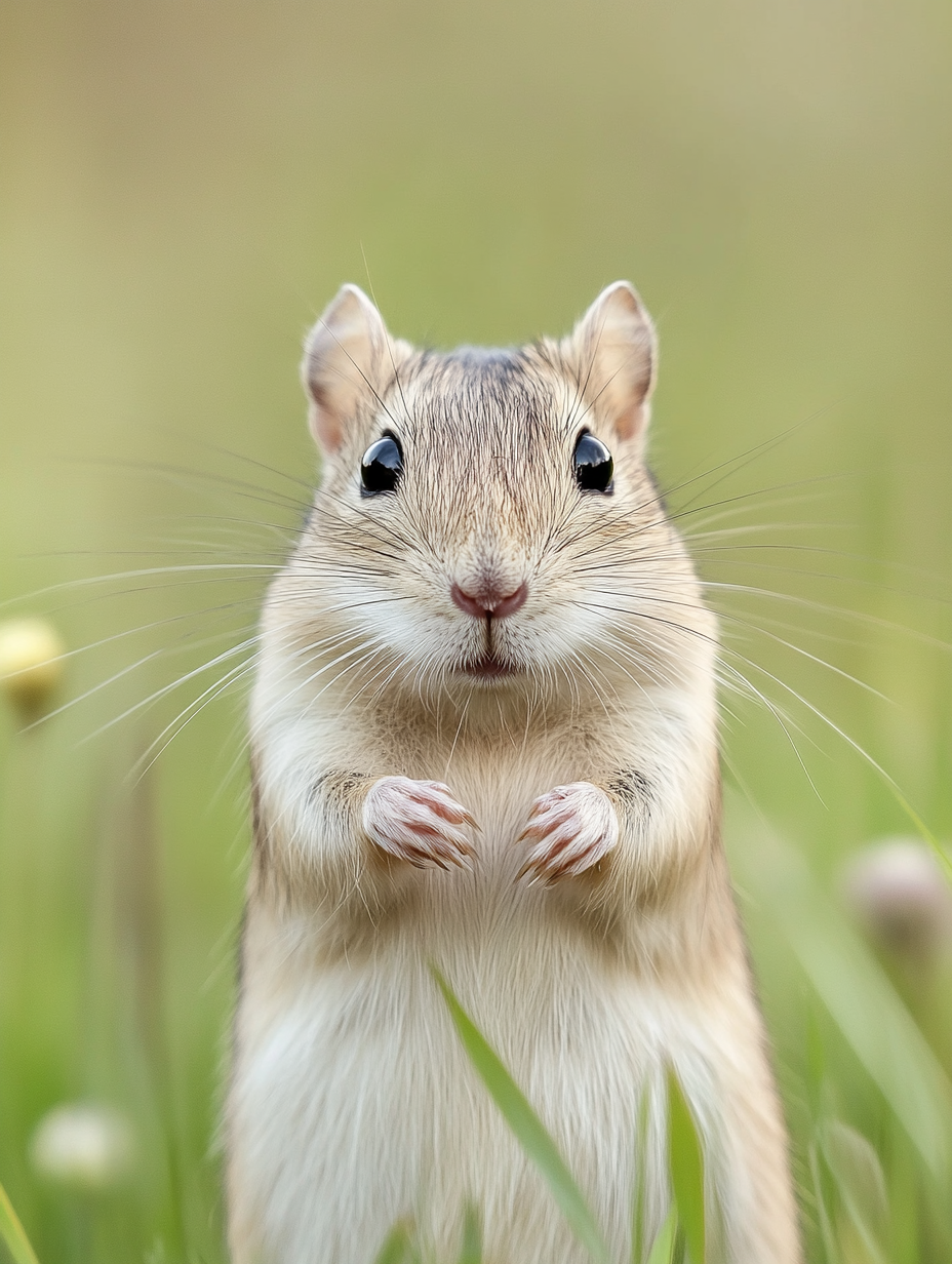 Gerbil looking straight at the camera in the middle of the field