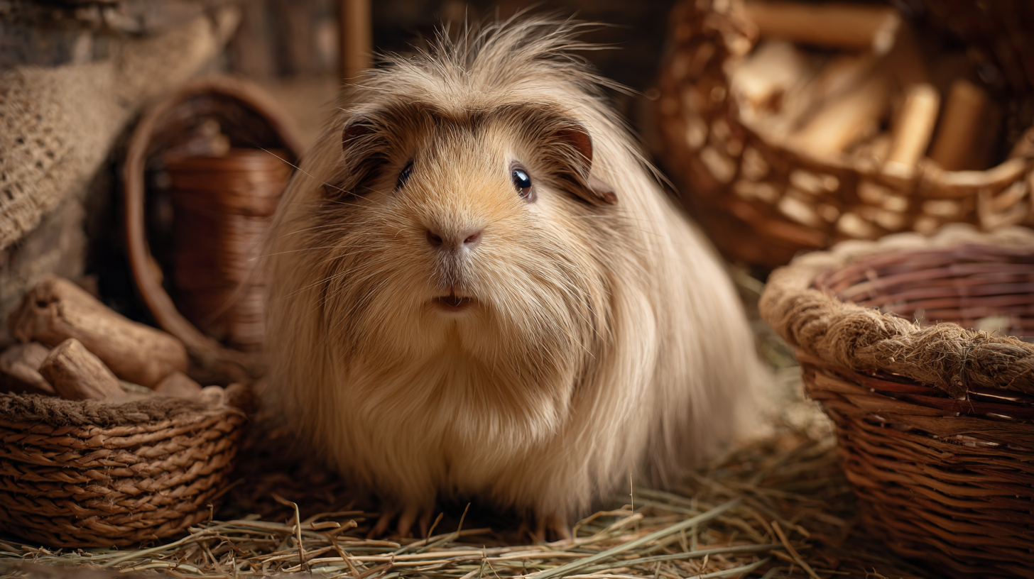 A long-haired Peruvian guinea pig resting in a clean, spacious enclosure with natural bedding, forage, and a food basket filled with dried flowers