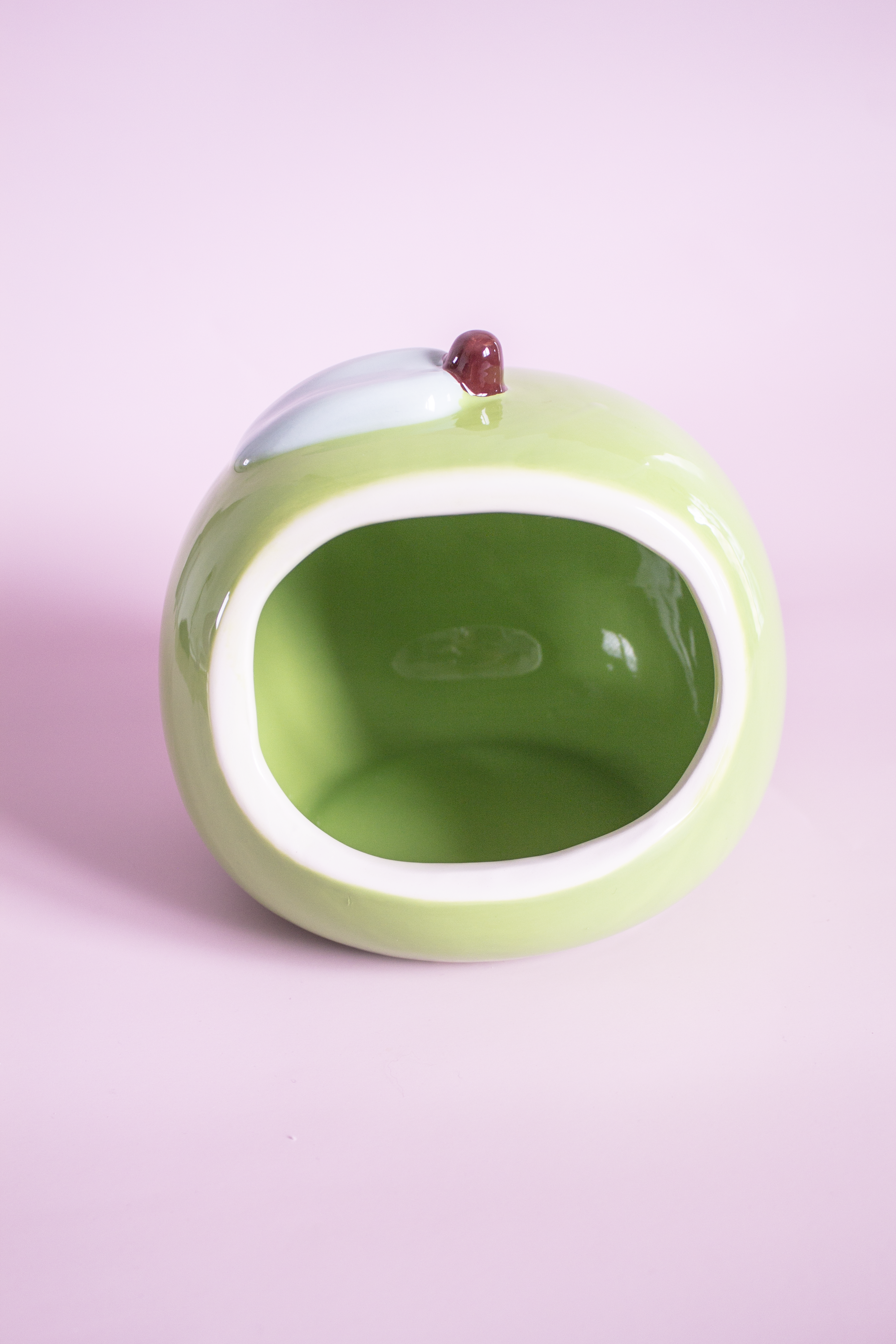 Green pet hideout shaped like an apple on a pink background