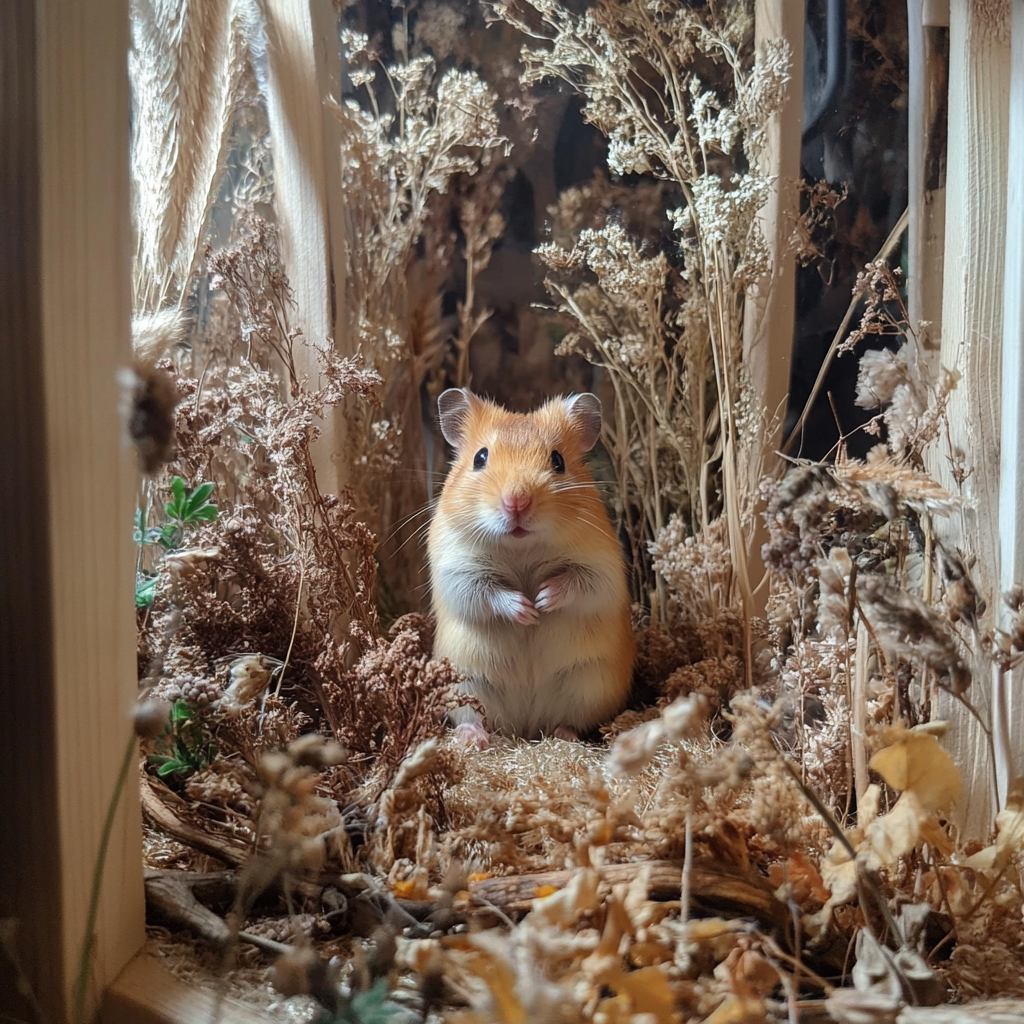 A small hamster standing upright in a natural wooden enclosure, surrounded by dried plants and twigs.