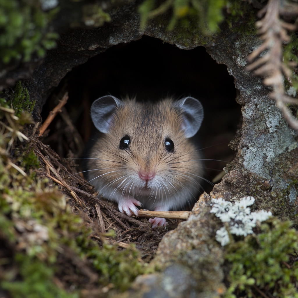 A small brown mouse with round ears and shiny black eyes peers out from a hollow in a moss-covered tree.