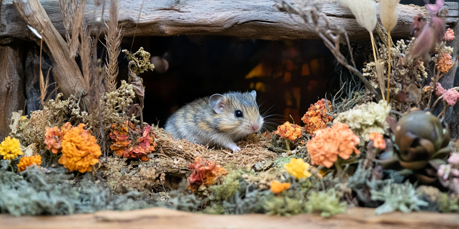 A small hamster resting in a cozy natural hideout, surrounded by dried flowers and moss.