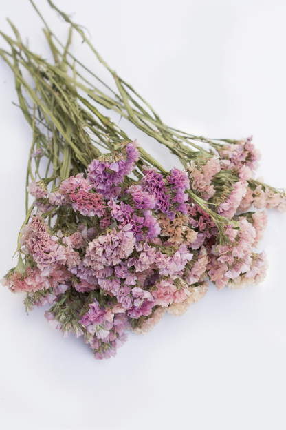 A bouquet of dried flowers with pink, purple, and beige blossoms and green stems, arranged diagonally on a plain white background.