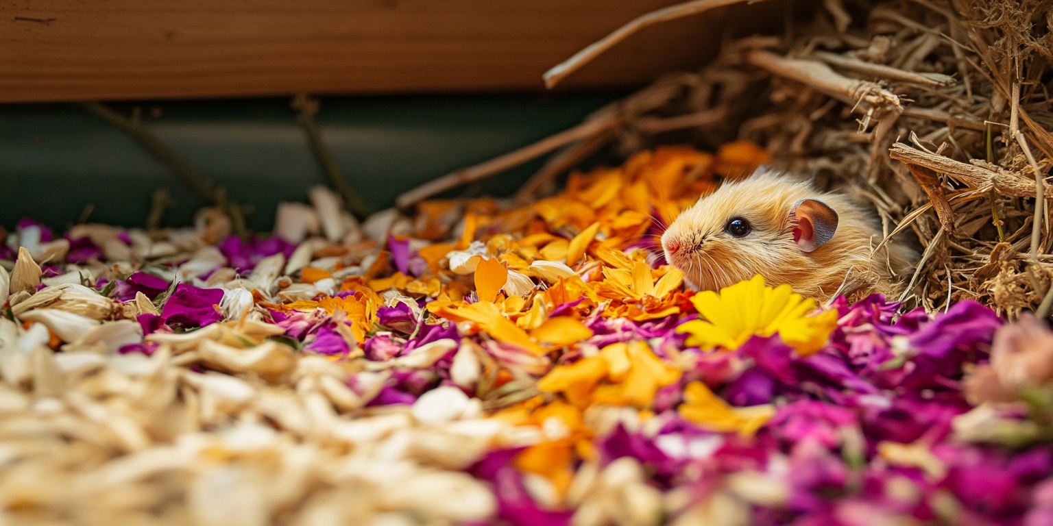 A golden-brown hamster peeks out from a cozy hay nest, surrounded by a colorful bedding mix of dried flowers.