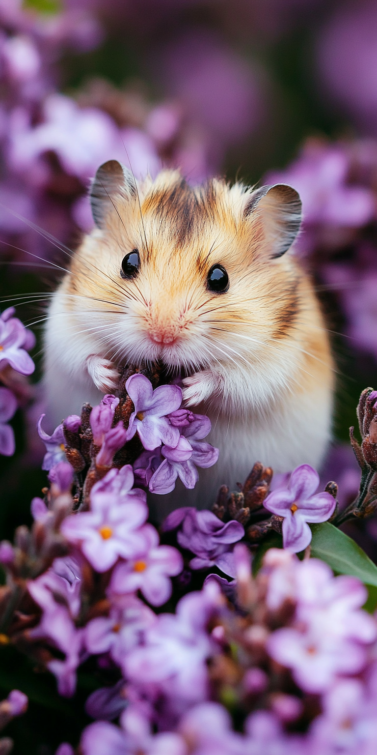 A fluffy golden-brown hamster with dark eyes and tiny paws holds purple flowers, surrounded by a backdrop of blooming lilacs.