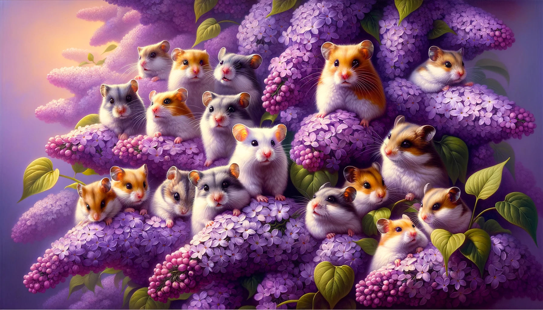 A group of hamsters sitting on vibrant purple lilac flowers, symbolizing nature and care, featured on MOONY OFFICIAL's page