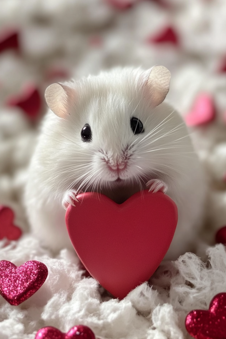 A fluffy white hamster holding a red heart, surrounded by sparkling and soft hearts on a cozy white surface.