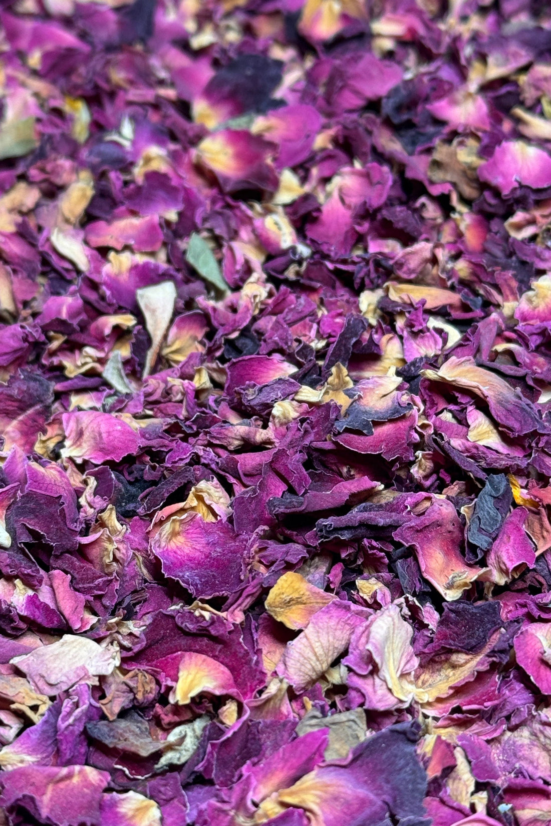 A close-up of dried rose petals in shades of deep purple and pink, creating a textured floral display.