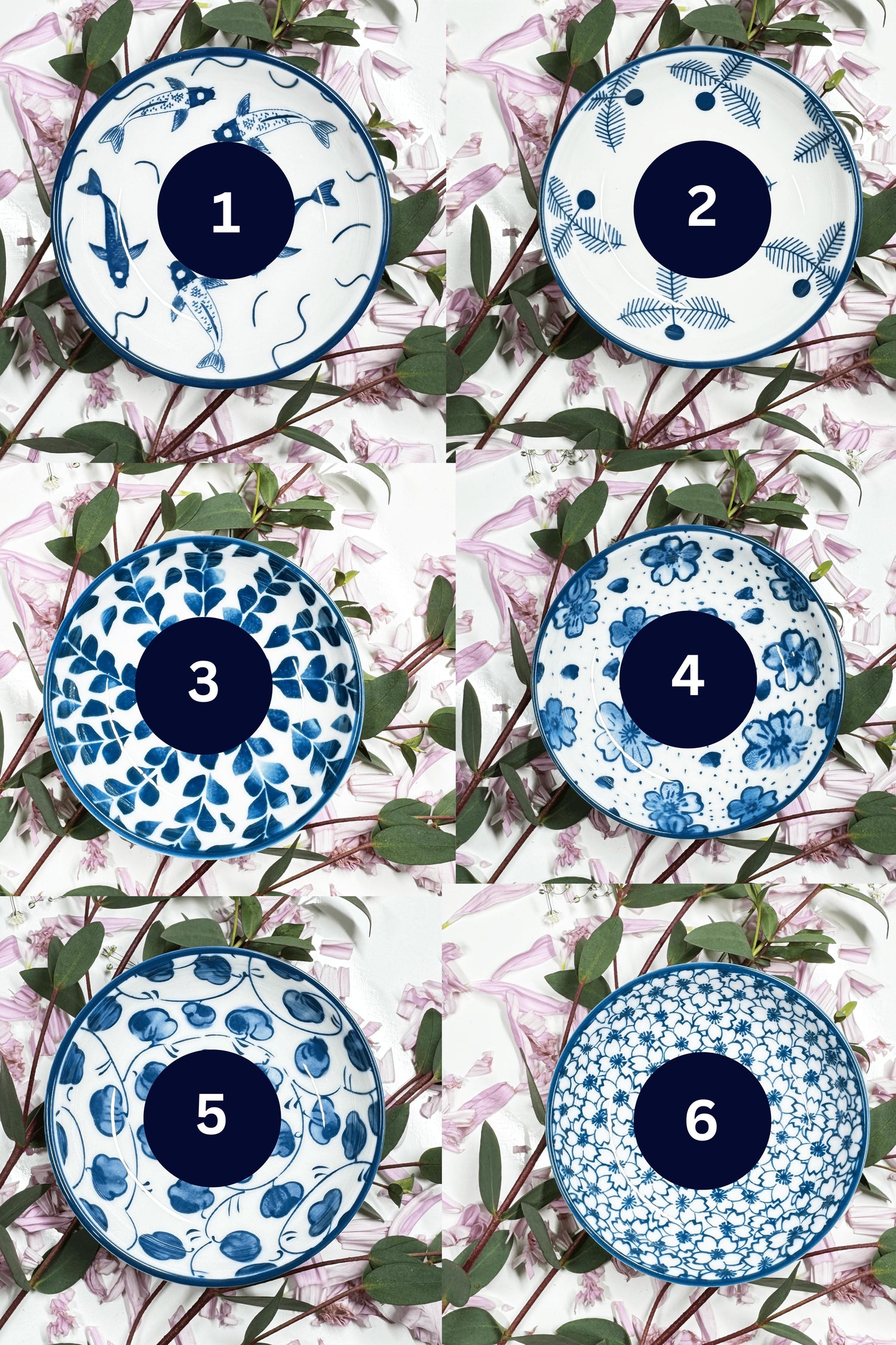 A set of six Sapphire Splash Plates for small animals, each with a unique blue pattern, displayed on petals.