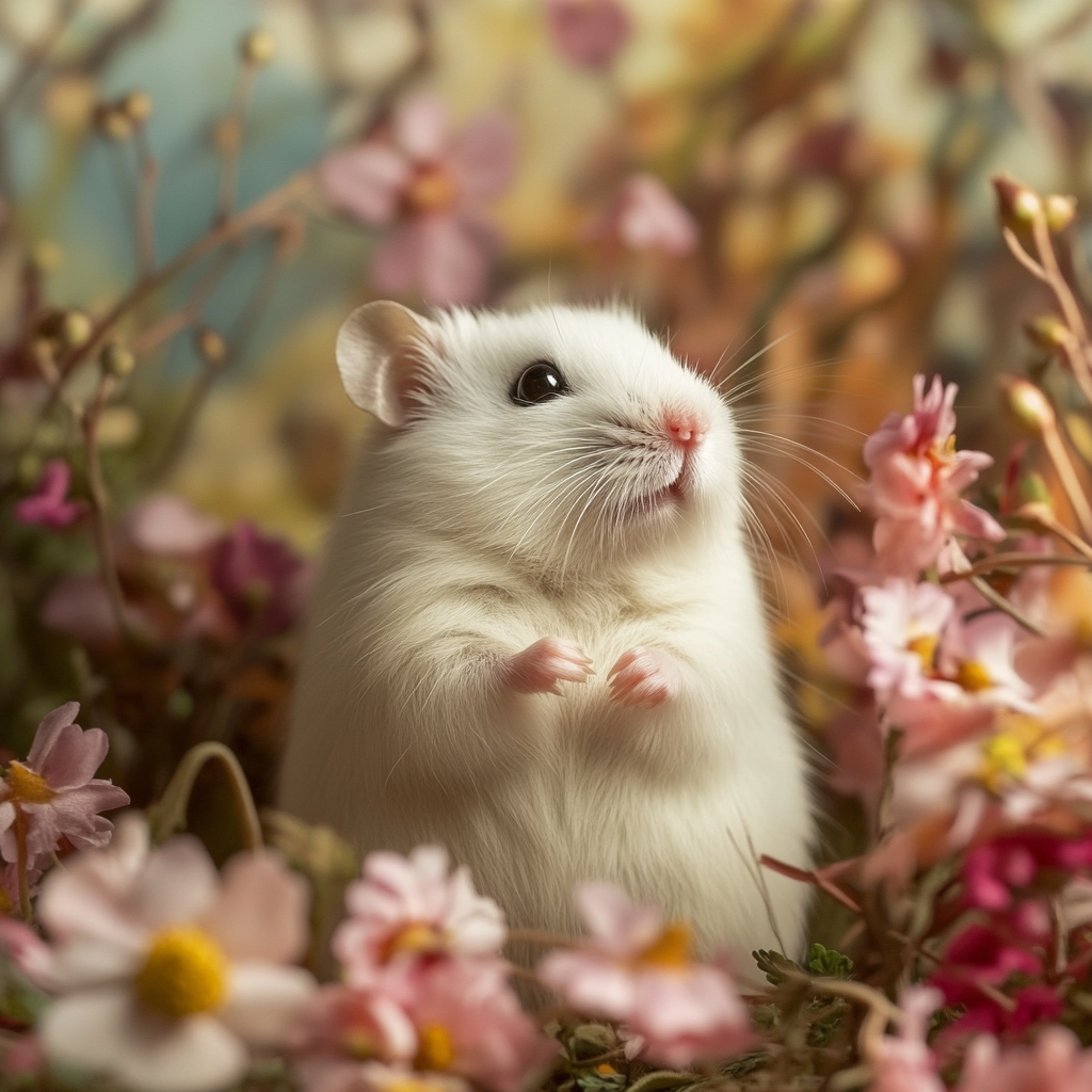 A fluffy white hamster standing on its hind legs, surrounded by delicate pink flowers.