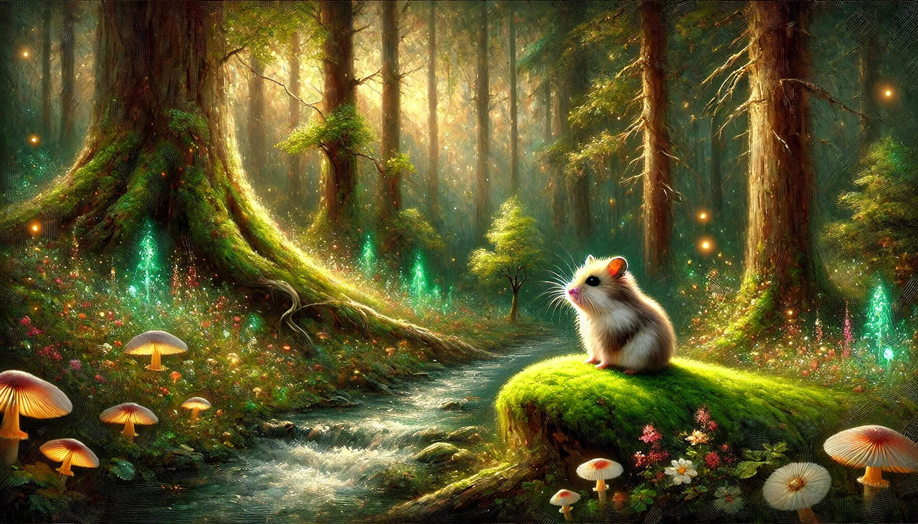 Hamster exploring a forest setting, representing MOONY OFFICIAL's premium natural rodent supplies